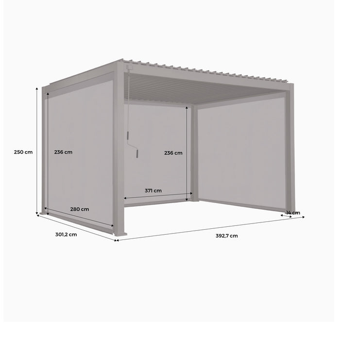 Pergola bioclimatica 3x4m in alluminio + 2 tende da 3m + 1 tenda da 4m