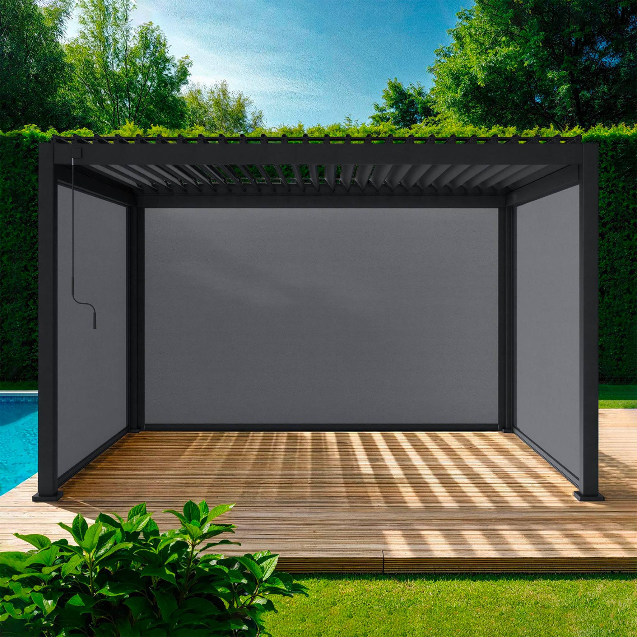 Pergola bioclimatica 3x4m in alluminio + 2 tende da 3m + 1 tenda da 4m