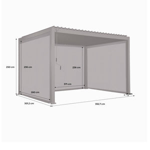 Pergola bioclimatica 3x4m in alluminio + 2 tende da 3m + 1 tenda da 4m