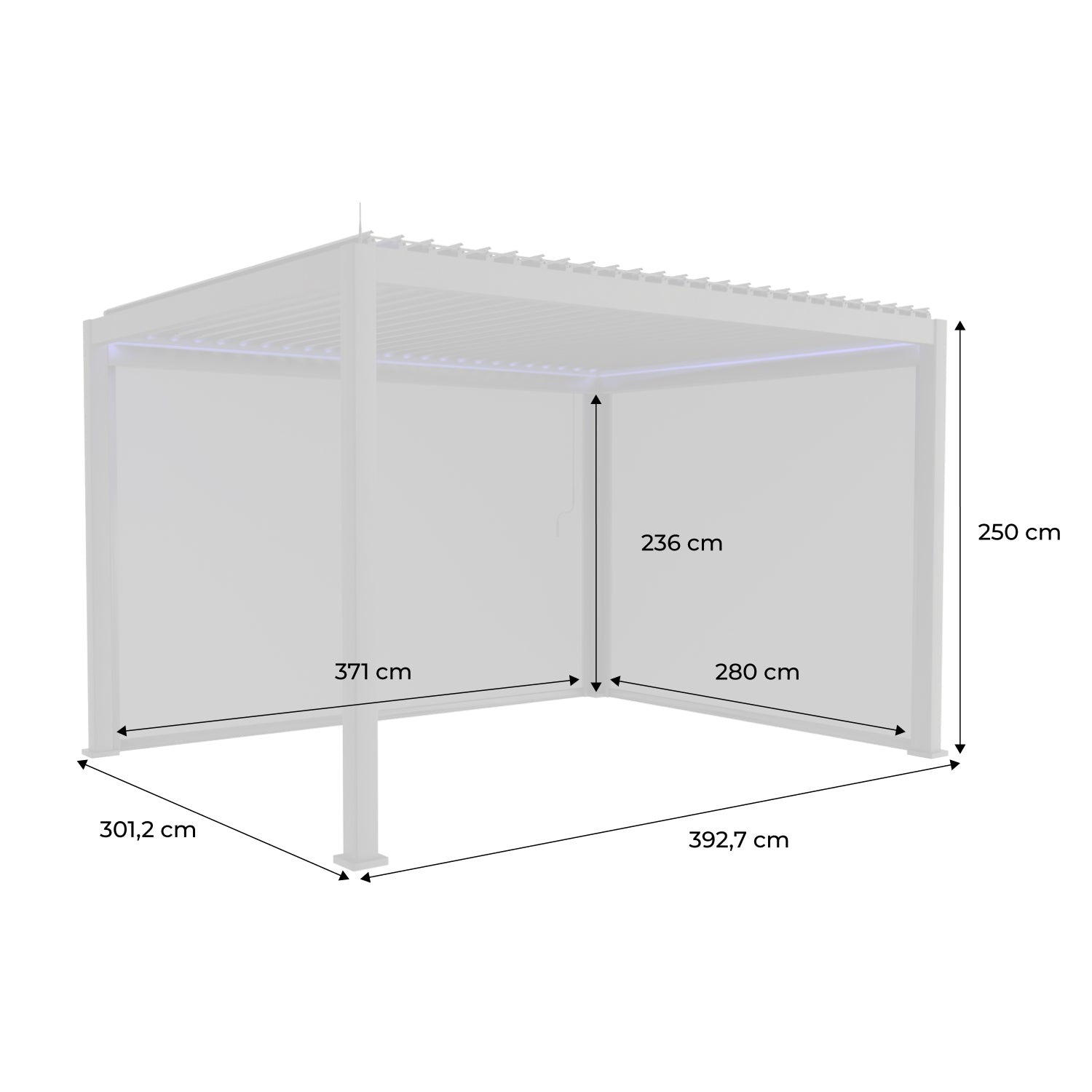 Pergola bioclimatica 3x4m in alluminio led + tenda 3m + tenda 4m,