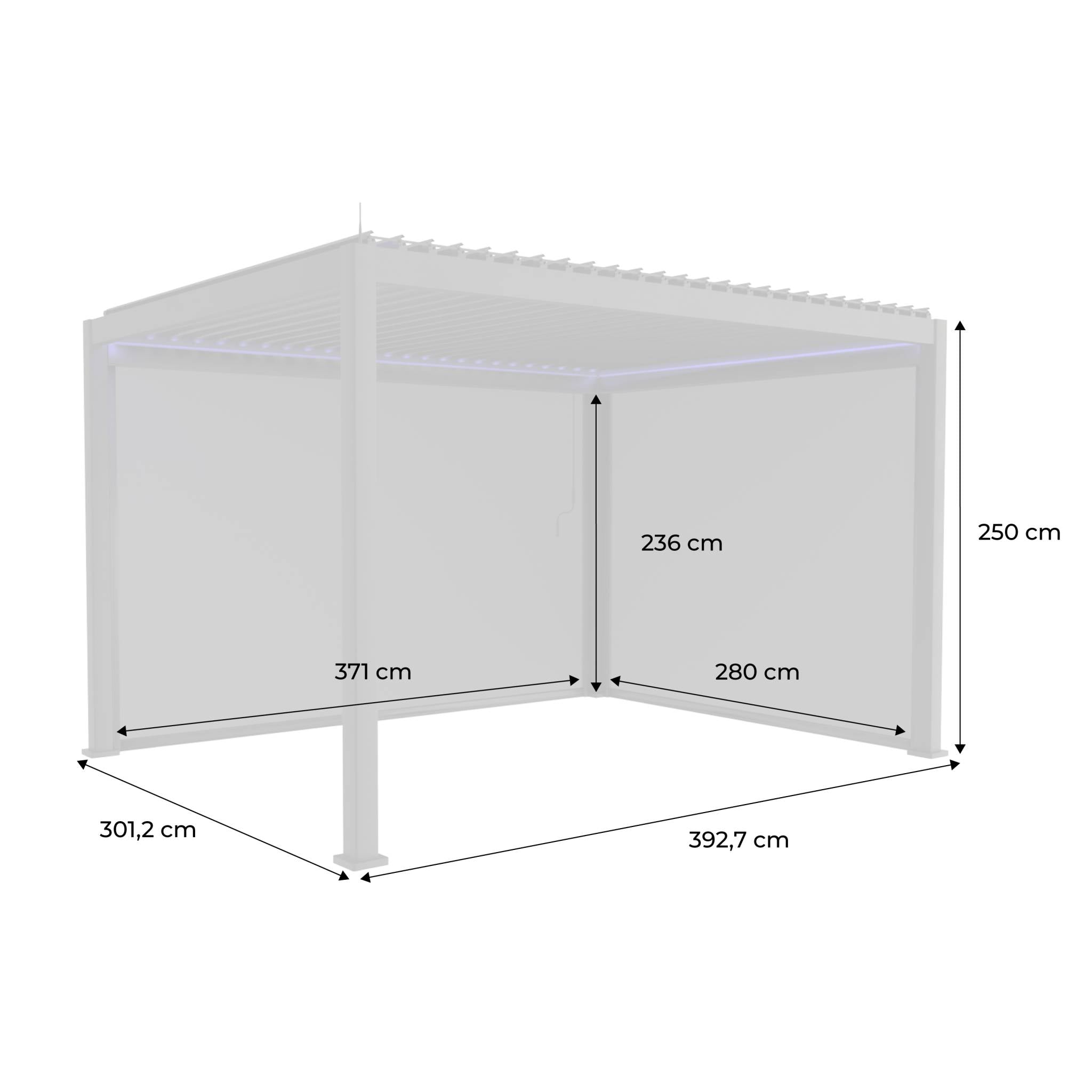 Pergola bioclimatica 3x4m in alluminio led + tenda 3m + tenda 4m,