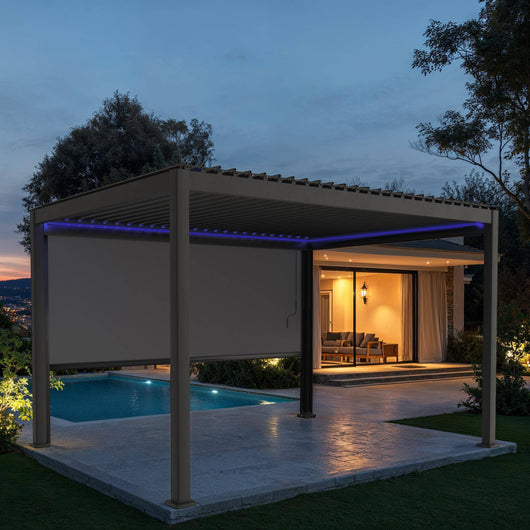 Pergola bioclimatica motorizzata in alluminio 3x4m led + 1 tenda 3m