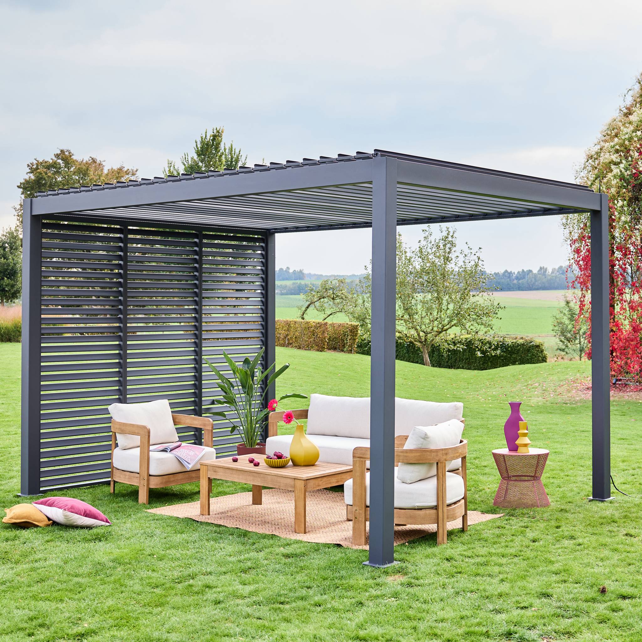 Pergola bioclimatica 3x4 in alluminio + 3 tende da 100cm, antracite