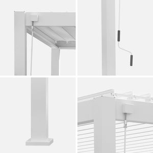 Pergola bioclimatica 3x4 in alluminio + 3 tende da 100cm, bianco