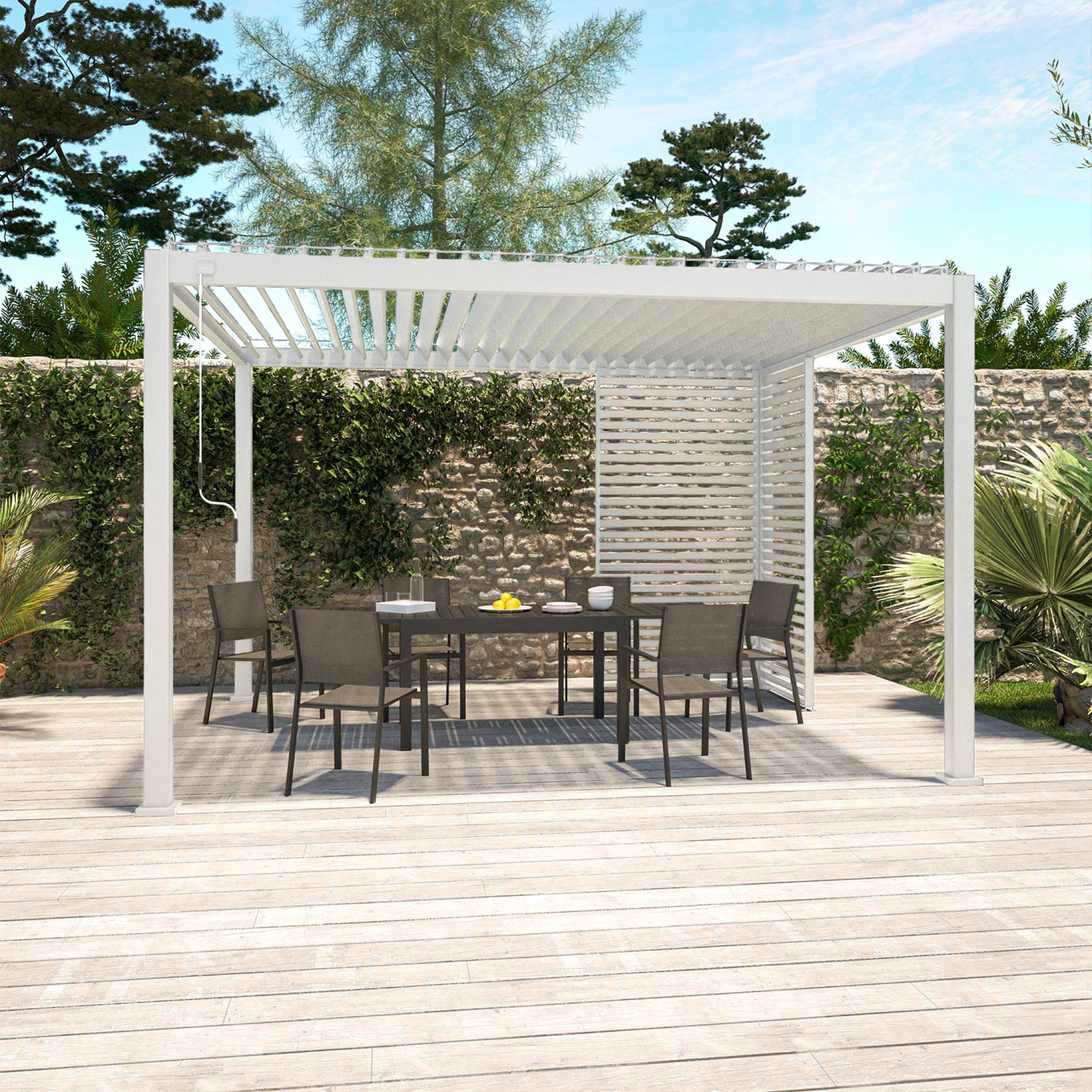 Pergola bioclimatica 3x4 in alluminio + 3 tende da 130cm, bianco