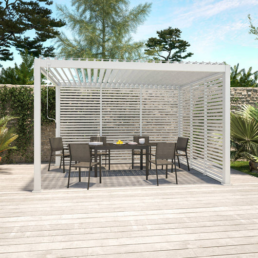 Pergola bioclimatica 3x4 in alluminio + 3 tende da 130cm, bianco