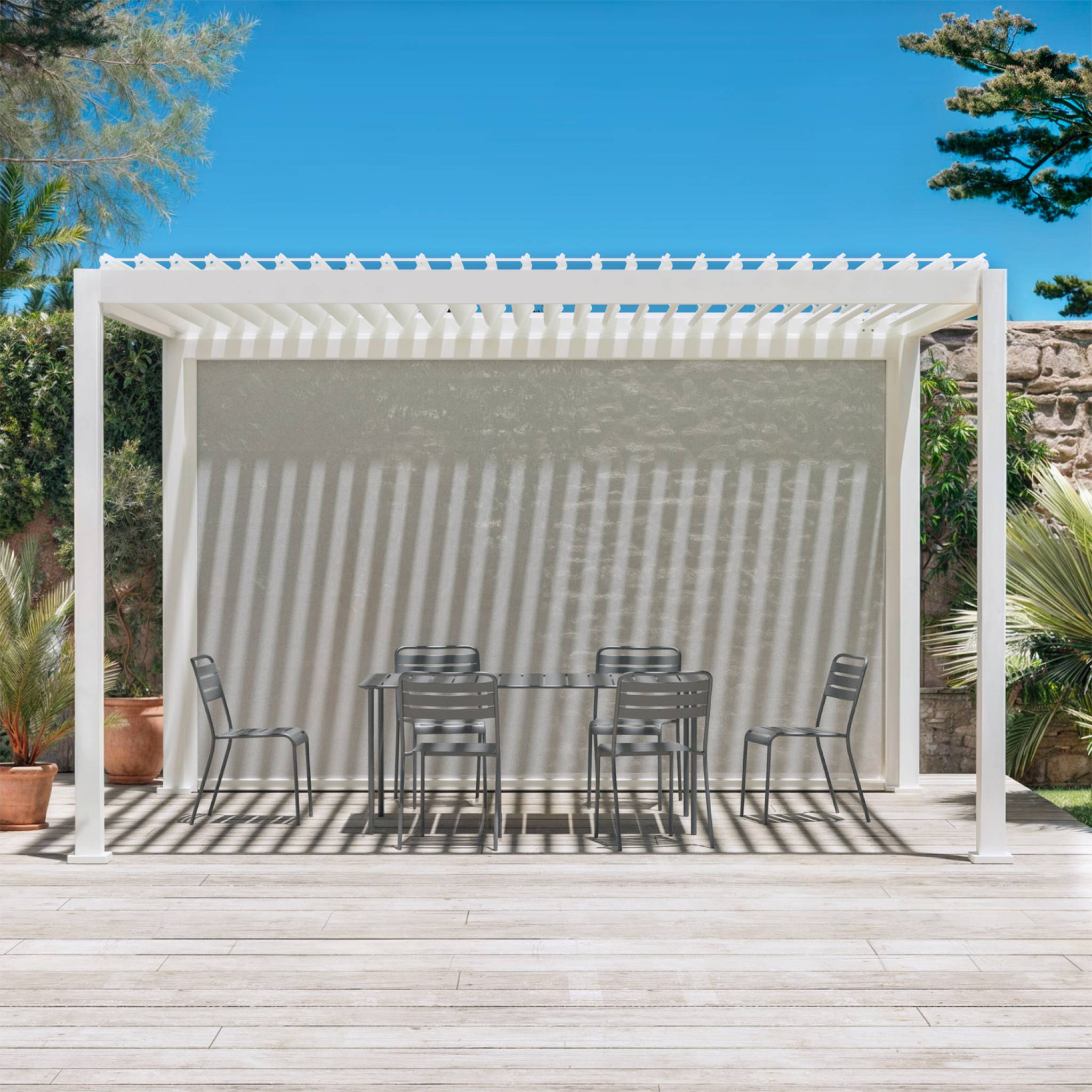 Pergola bioclimatica 3x4m in alluminio + tenda da sole 4m, bianco