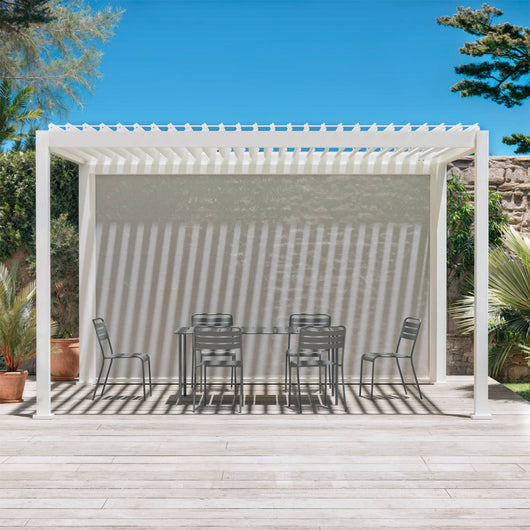 Pergola bioclimatica 3x4m in alluminio + tenda da sole 4m, bianco