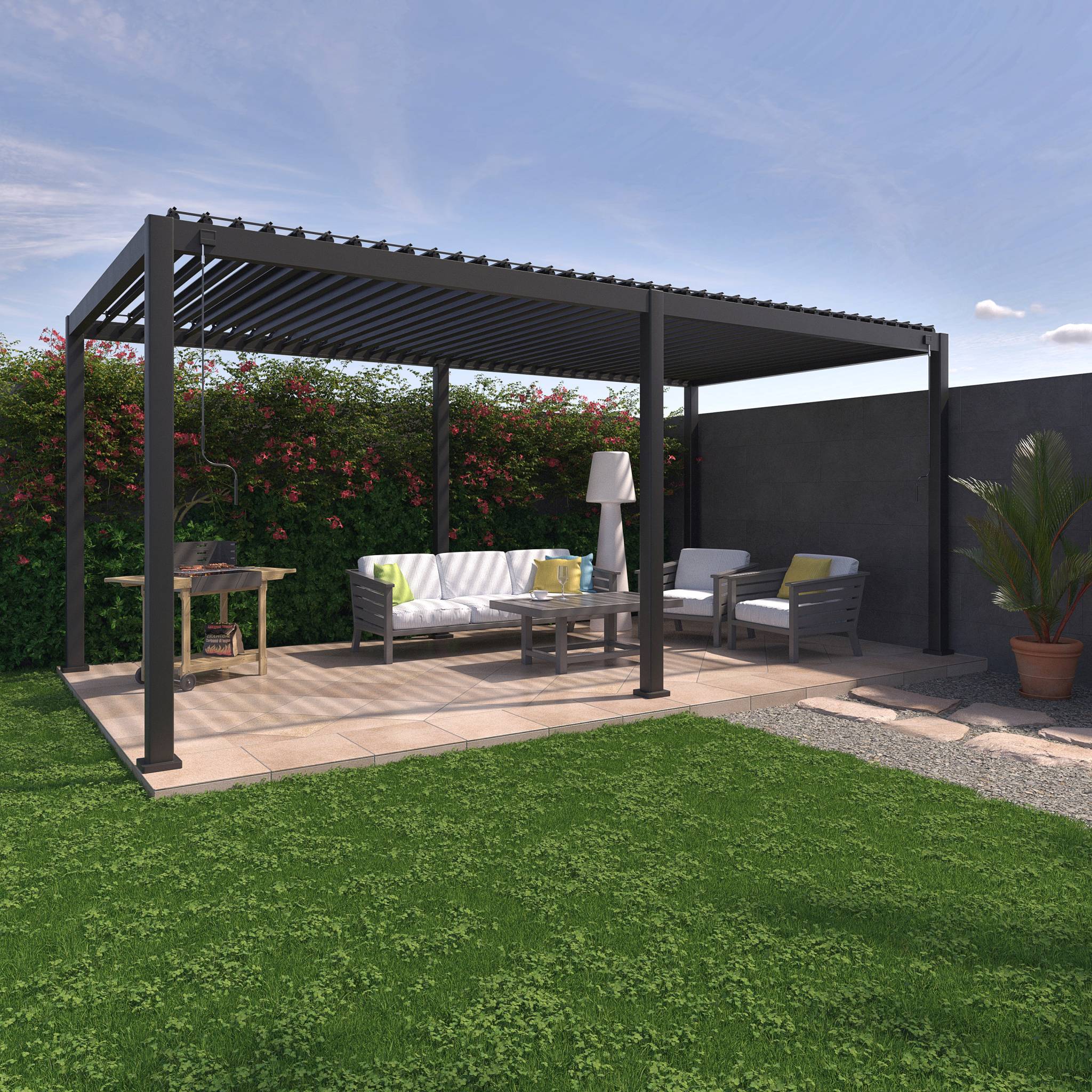 Pergola bioclimatica 3x6m in alluminio, lamelle orientabili, antracite
