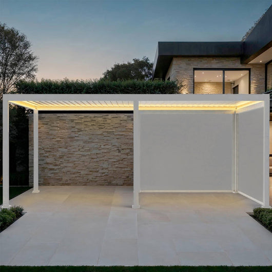 Pergola bioclimatica 3x6m elettrica in alluminio con led + 2 tende 3m,