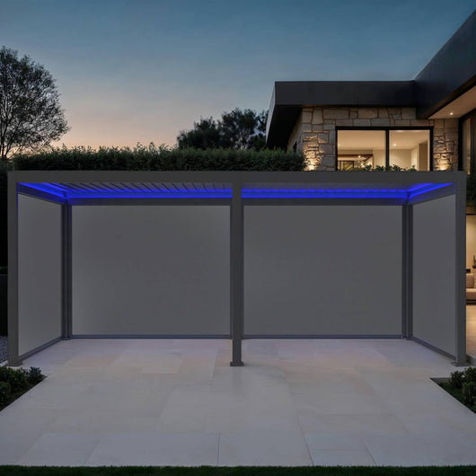 Pergola bioclimatica 3x6m elettrica in alluminio con led + 4 tende 3m,