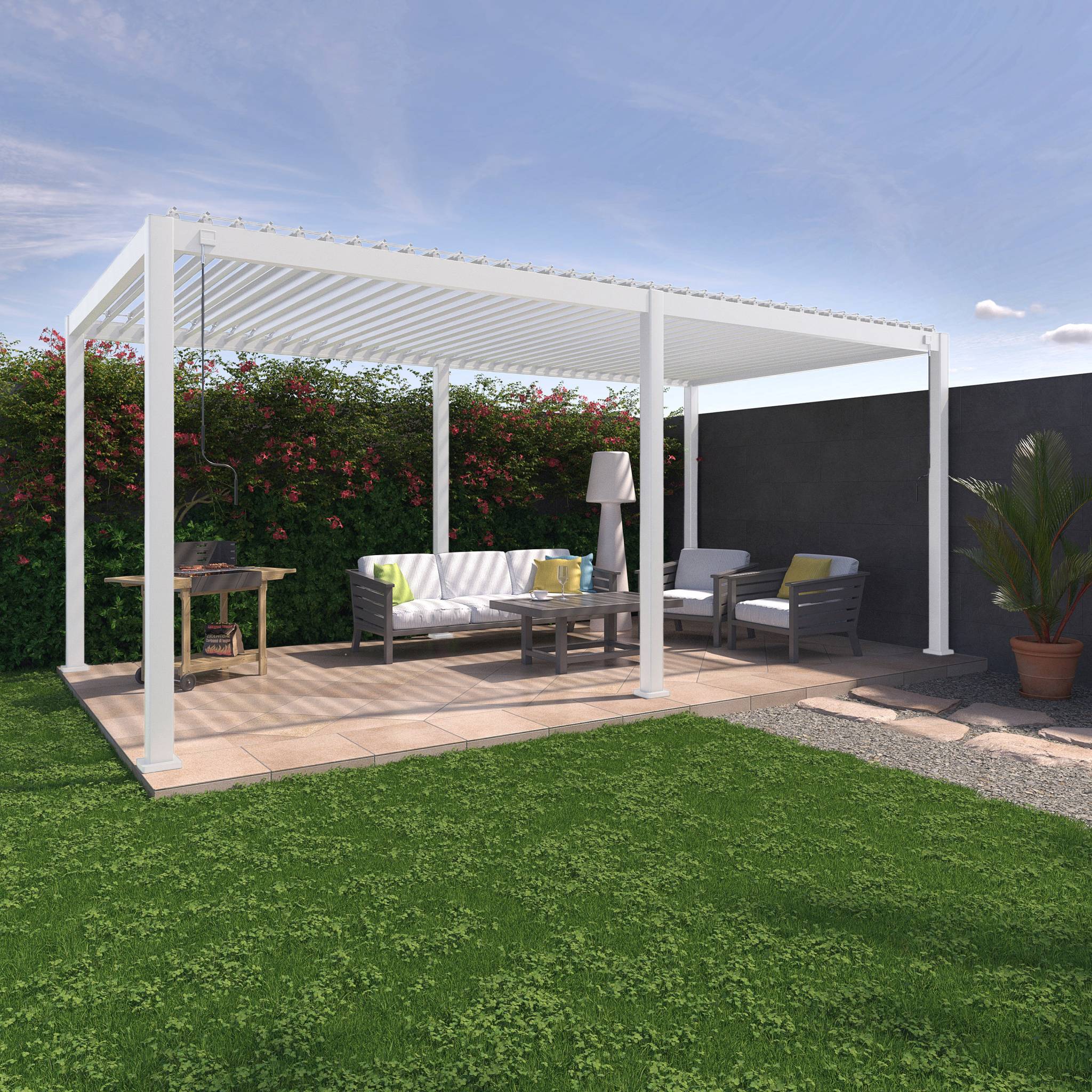 Pergola bioclimatica 3x6m in alluminio, lamelle orientabili, bianco