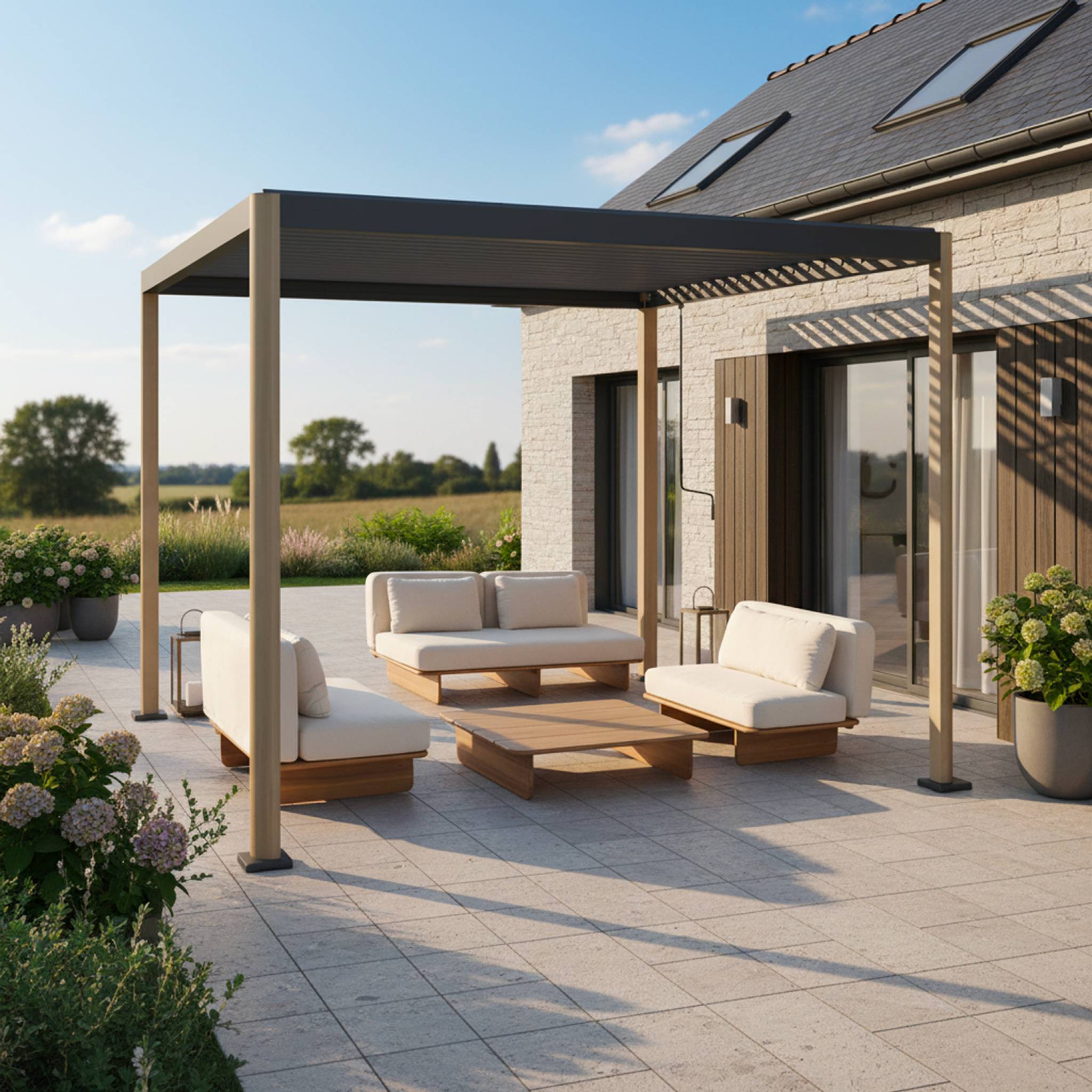 Pergola bioclimatica 3x3m in alluminio e acciaio, lamelle orientabili,