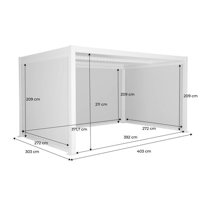 Pergola bioclimatica 3x4m in alluminio e acciaio + accessori, bianco