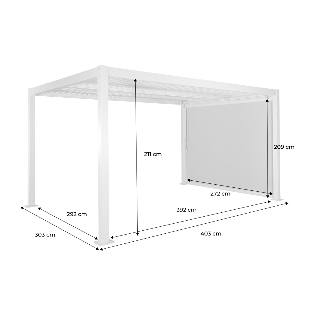 Pergola bioclimatica 3x4m in alluminio e acciaio  + tenda 3m, nero