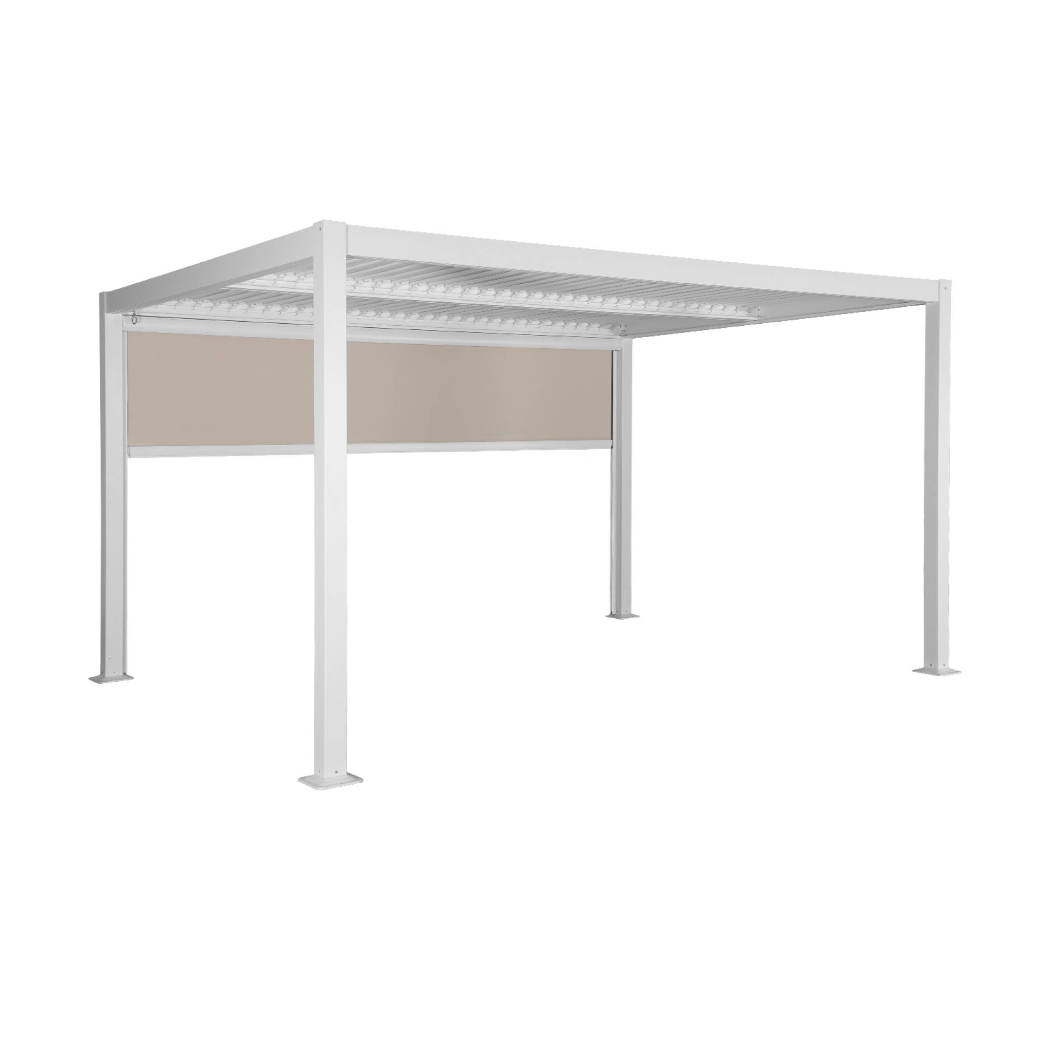 Pergola bioclimatica 3x4m in alluminio e acciaio + tenda 4m, bianco
