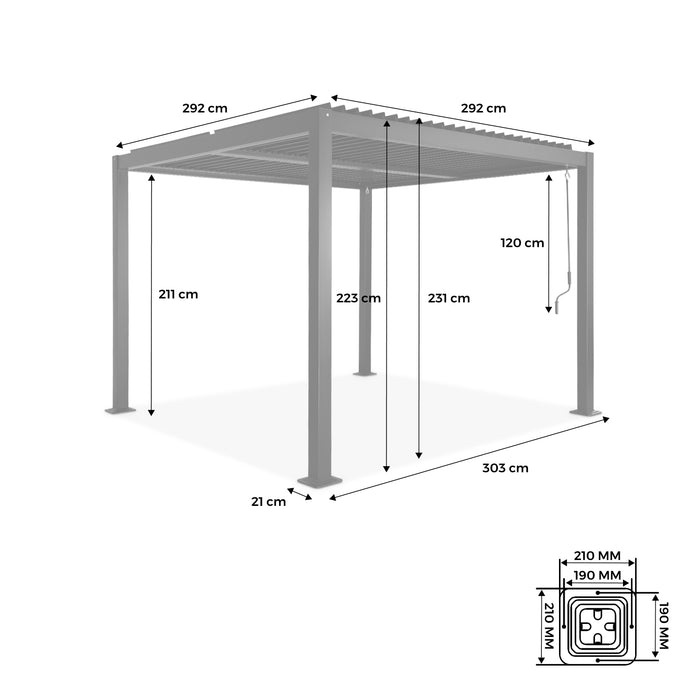 Pergola bioclimatica 3x3m alluminio e acciaio, lamelle orientabili,