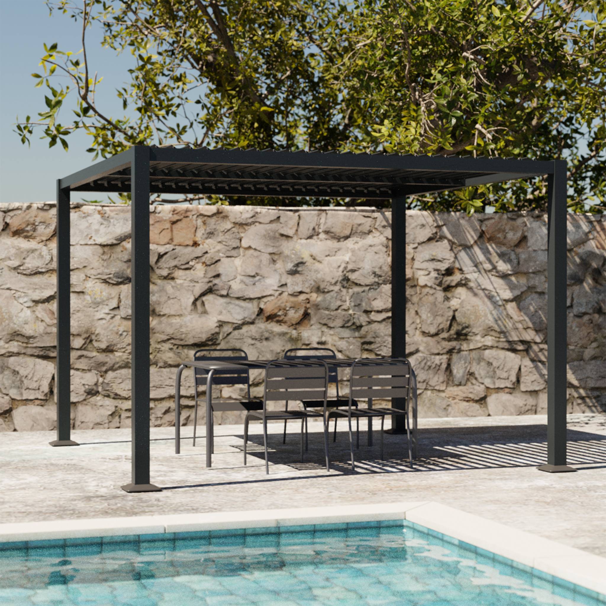 Pergola bioclimatica 3x3m alluminio e acciaio, lamelle orientabili,