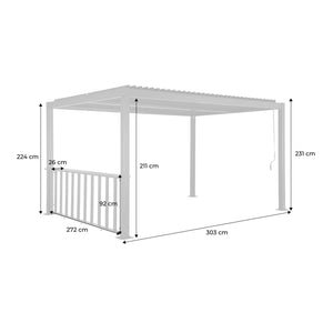 Pergola bioclimatica in alluminio e acciaio 3x3m + ringhiera bassa 3m