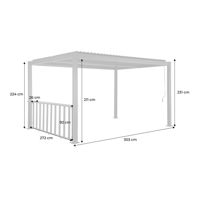 Pergola bioclimatica in alluminio e acciaio 3x3m + ringhiera bassa 3m