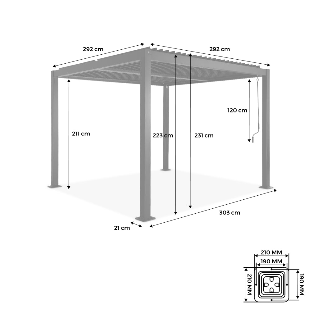 Pergola bioclimatica 3x3m alluminio e acciaio, lamelle orientabili,