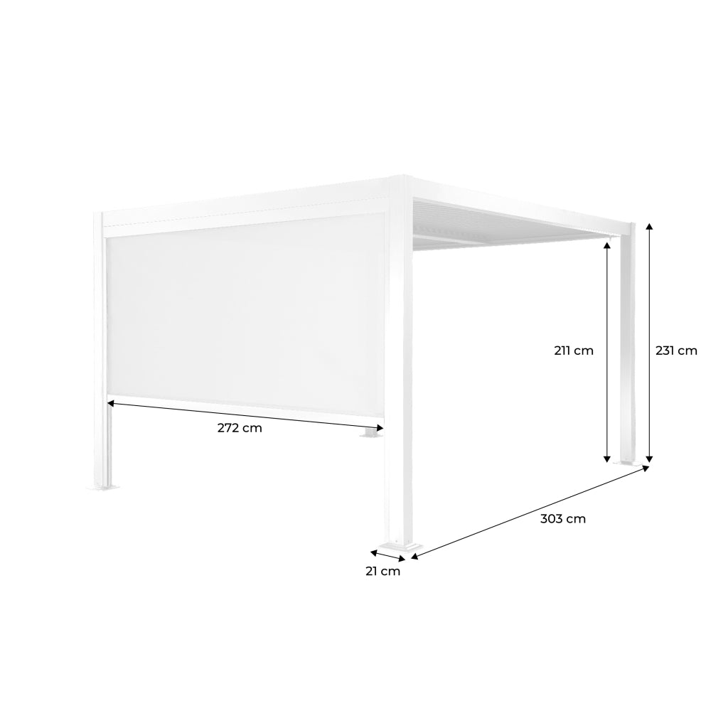 Pergola bioclimatica 3x3m in alluminio e acciaio con tenda 3m, bianco