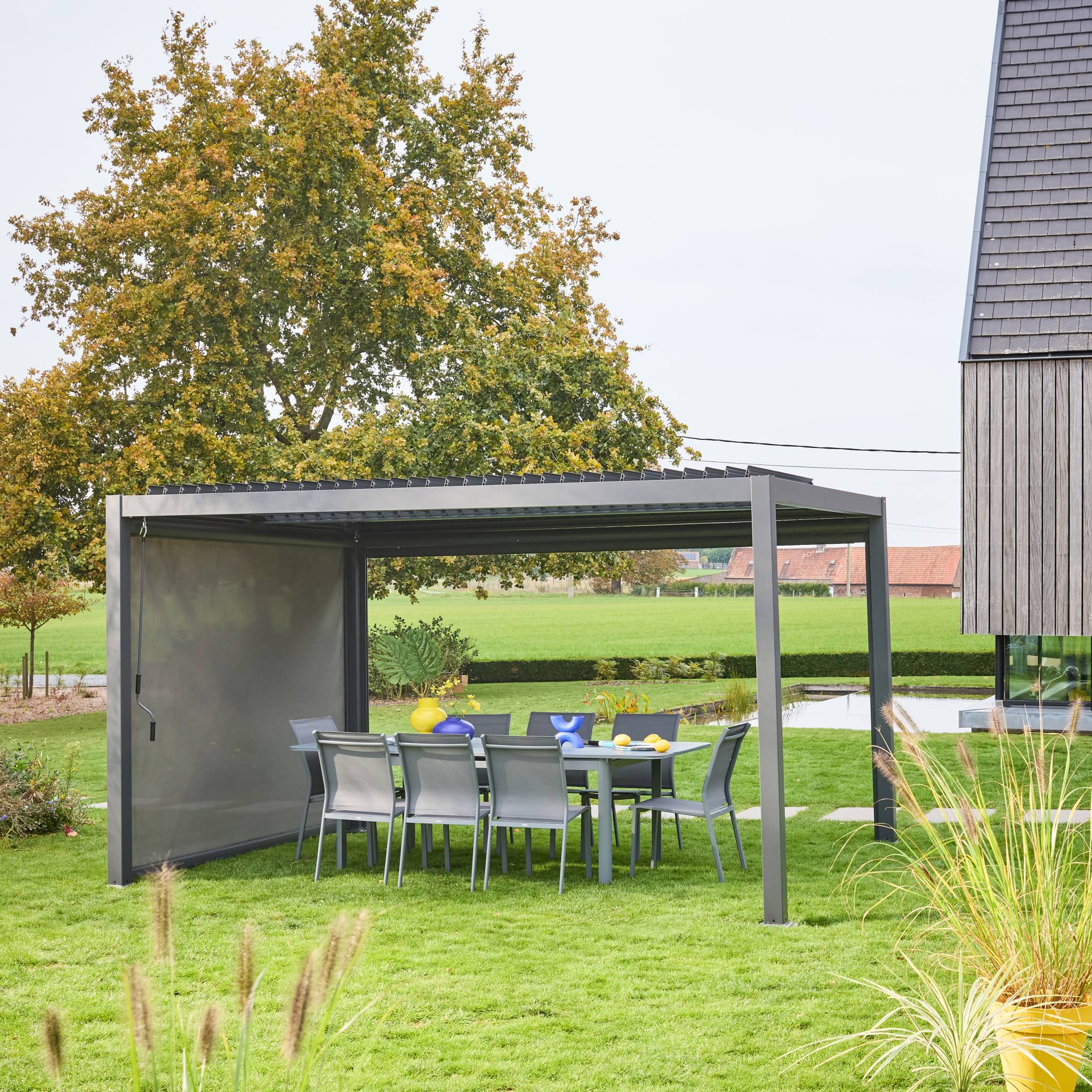 Pergola bioclimatica 3x4m in alluminio e acciaio  + tenda 3m,