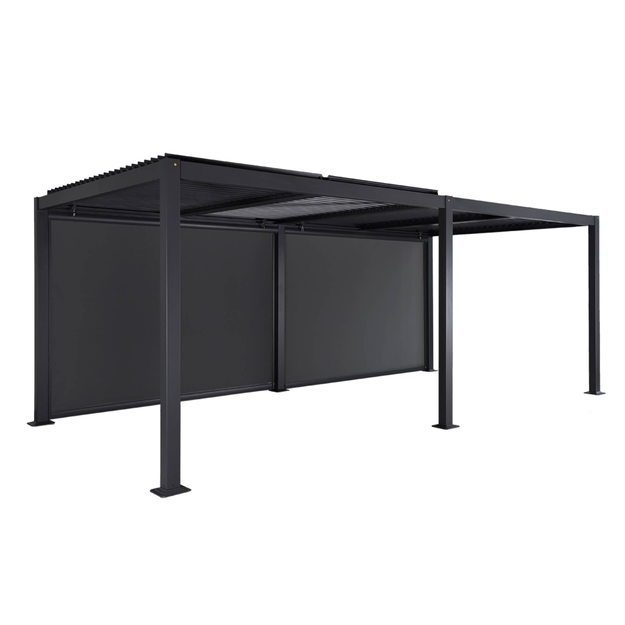 Pergola bioclimatica in alluminio e acciaio 3x6m + 2 tende 3m,