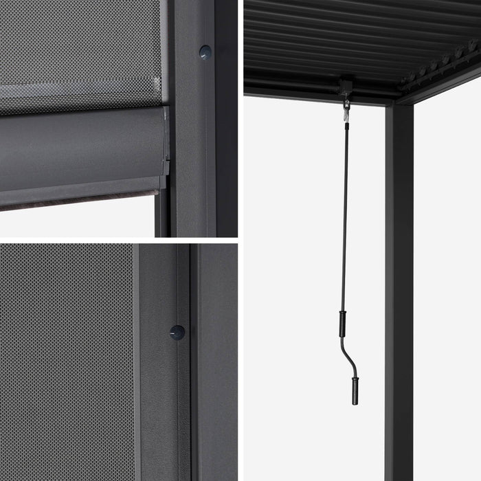 Pergola bioclimatica in alluminio e acciaio 3x6m + 2 tende 3m,