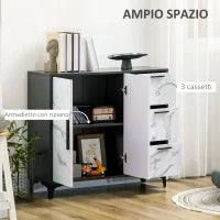 Mobile Dispensa a 2 Ante e 3 Cassetti in MDF e Acciaio per Soggiorno, Cucina e Studio, 90x30x80 cm, Bianco e Nero
