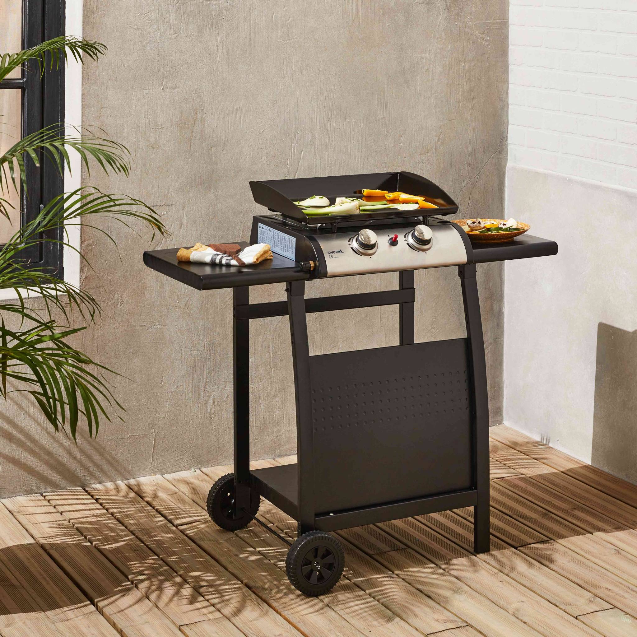 Plancha a gas 2 bruciatori inox con carrello, 5kw , nero