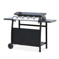 Plancha a gas a 4 fuochi in acciaio inox da 10 kw con carrello, nero