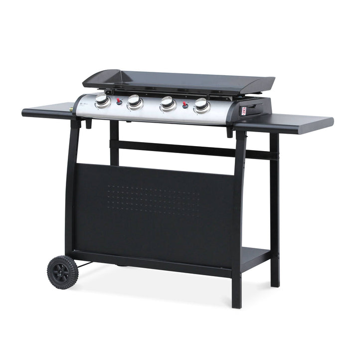Plancha a gas a 4 fuochi in acciaio inox da 10 kw con carrello, nero