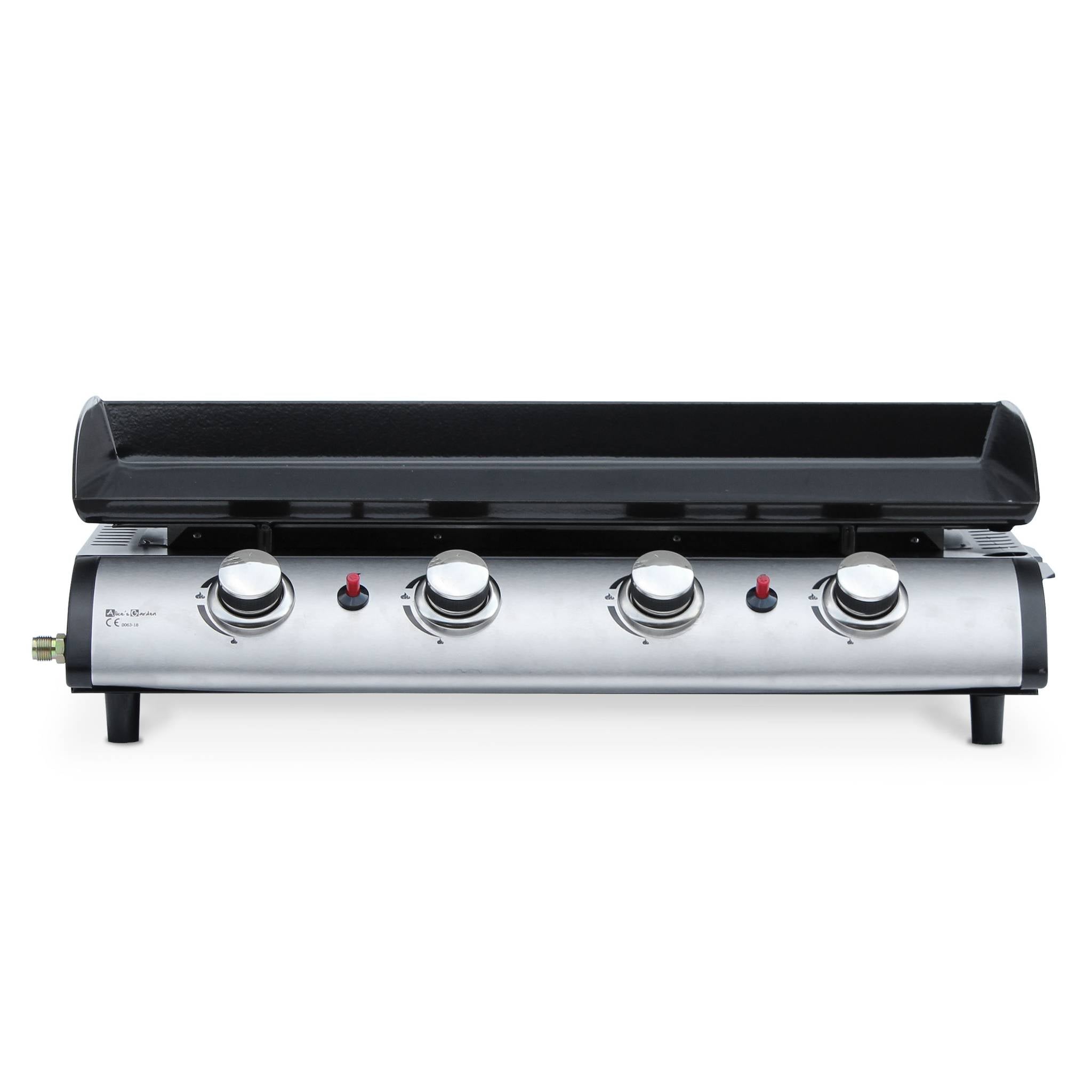 Plancha a gas a 4 fuochi in acciaio inox da 10 kw con carrello, nero