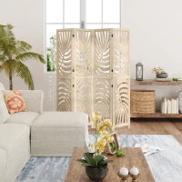 Paravento interiore in legno 4 pannelli 160 x 170 cm, pieghevole e portatile, motivo foglia, design rimovibile, legno naturale