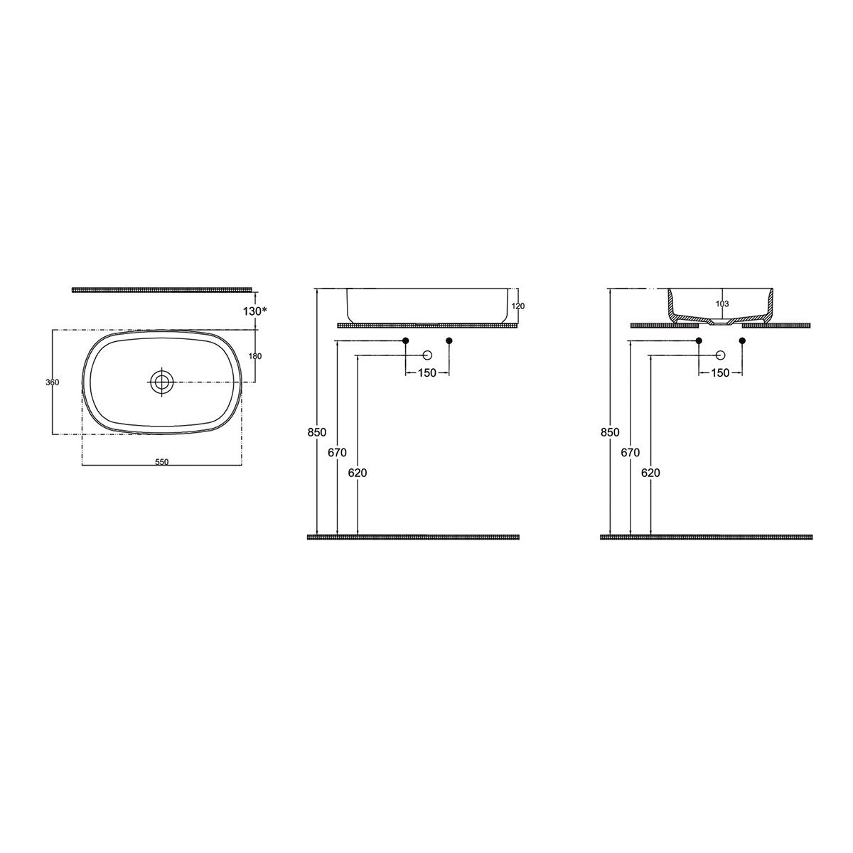 Lavabo ovale da appoggio senza troppo pieno in ceramica senza foro rubinetto - Avorio Opaco