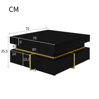 Tavolino da salotto laccato lucido con cassetti e dettagli dorati, 70×70×35,5 cm, Nero