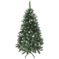 Albero di Natale Alto 150 cm da Interno con 398 Rami, Pigne e Bacche Rosse, Base in Metallo, Verde