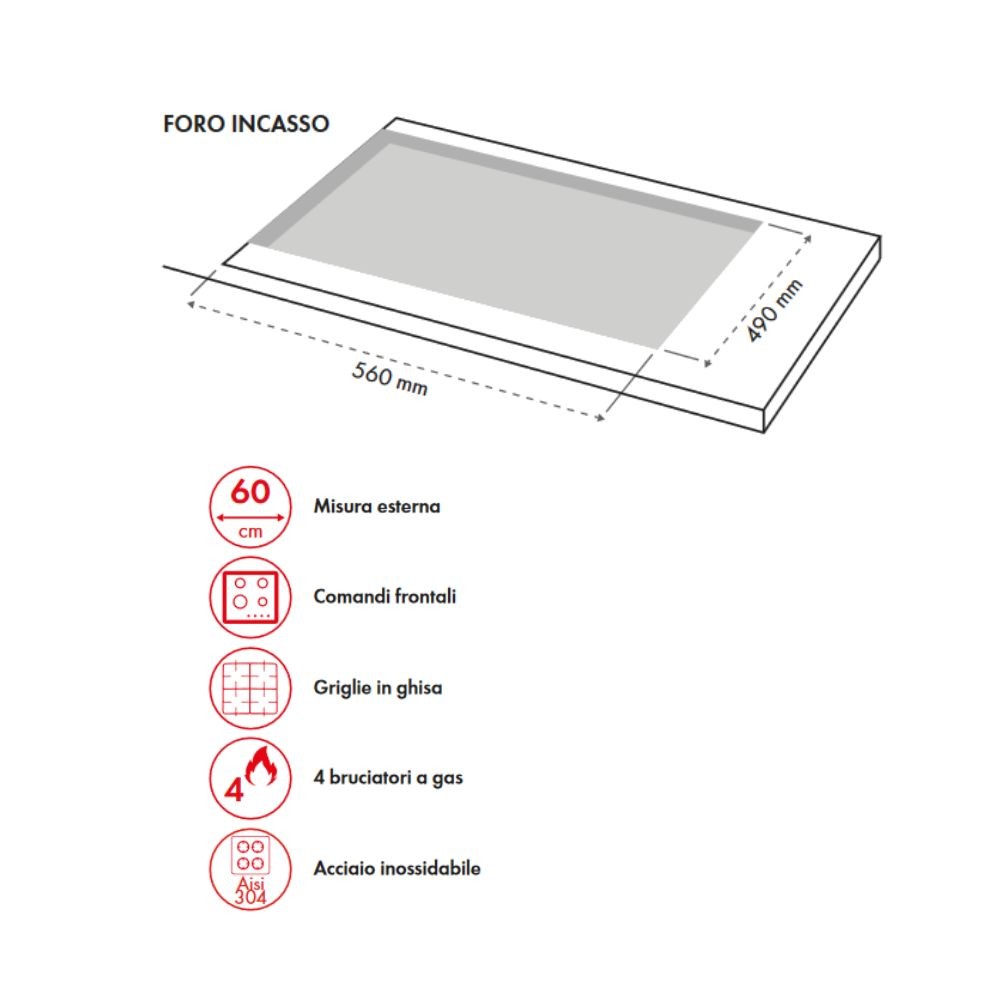 Piano Cottura gas 4 fuochi 60 cm acciaio inox Samet Sansone60