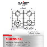 Piano cottura gas 4 fuochi 60 cm vetro temperato satinato nero opaco Samet Zacinto60