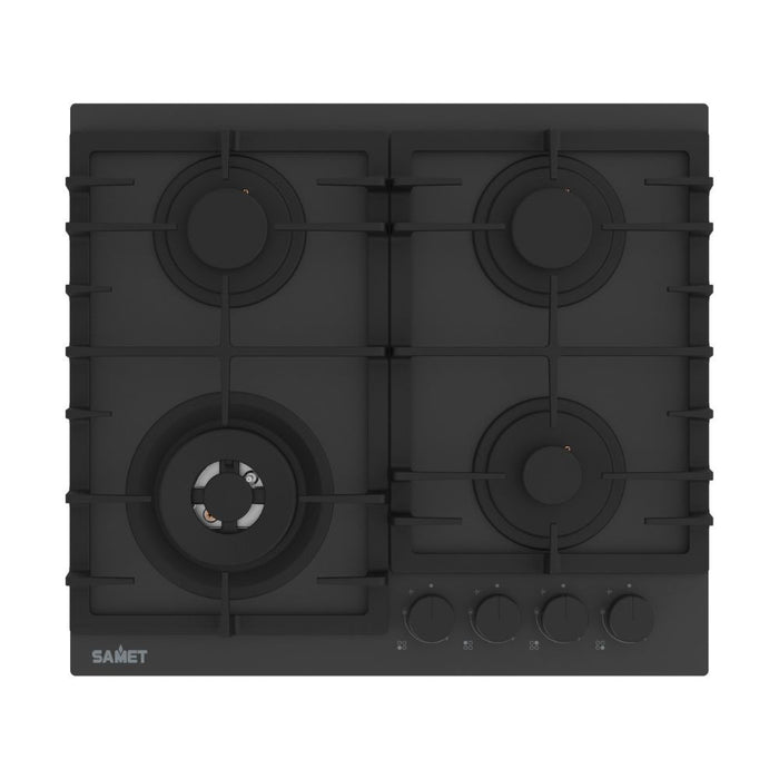 Piano cottura gas 4 fuochi 60 cm vetro temperato satinato nero opaco Samet Zacinto60