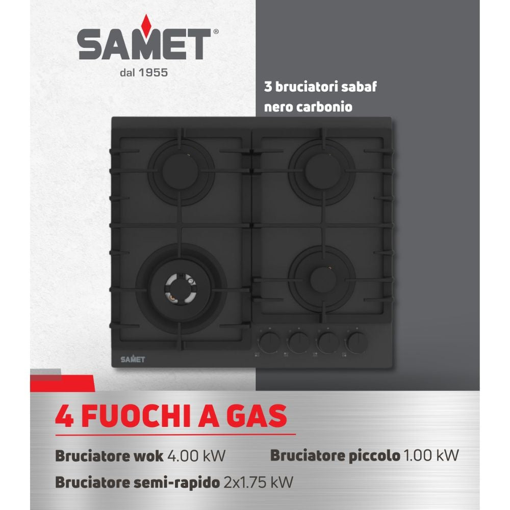 Piano cottura gas 4 fuochi 60 cm vetro temperato satinato nero opaco Samet Zacinto60