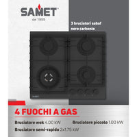 Piano cottura gas 4 fuochi 60 cm vetro temperato satinato nero opaco Samet Zacinto60