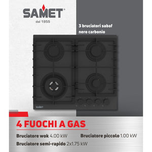 Piano cottura gas 4 fuochi 60 cm vetro temperato satinato nero opaco Samet Zacinto60
