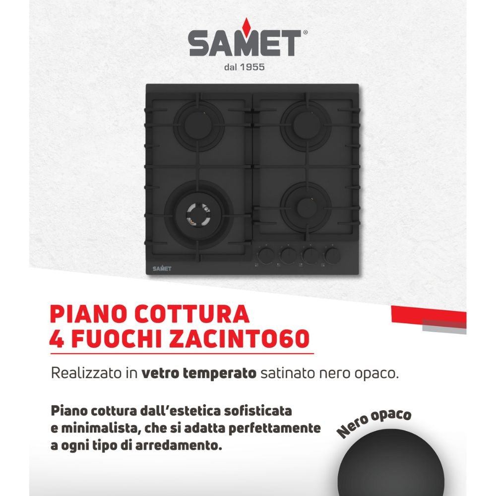 Piano cottura gas 4 fuochi 60 cm vetro temperato satinato nero opaco Samet Zacinto60