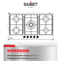 Piano Cottura gas 5 fuochi 90 cm Acciaio inox Samet Apollo2