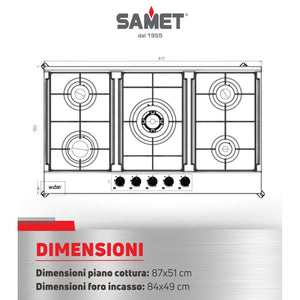 Piano Cottura gas 5 fuochi 90 cm Acciaio inox Samet Apollo2