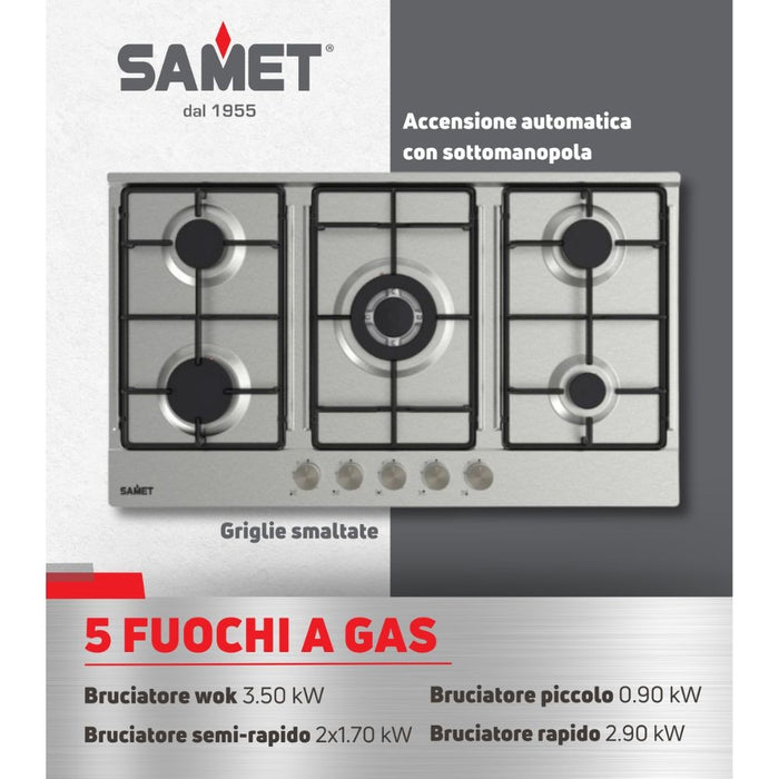 Piano Cottura gas 5 fuochi 90 cm Acciaio inox Samet Apollo2
