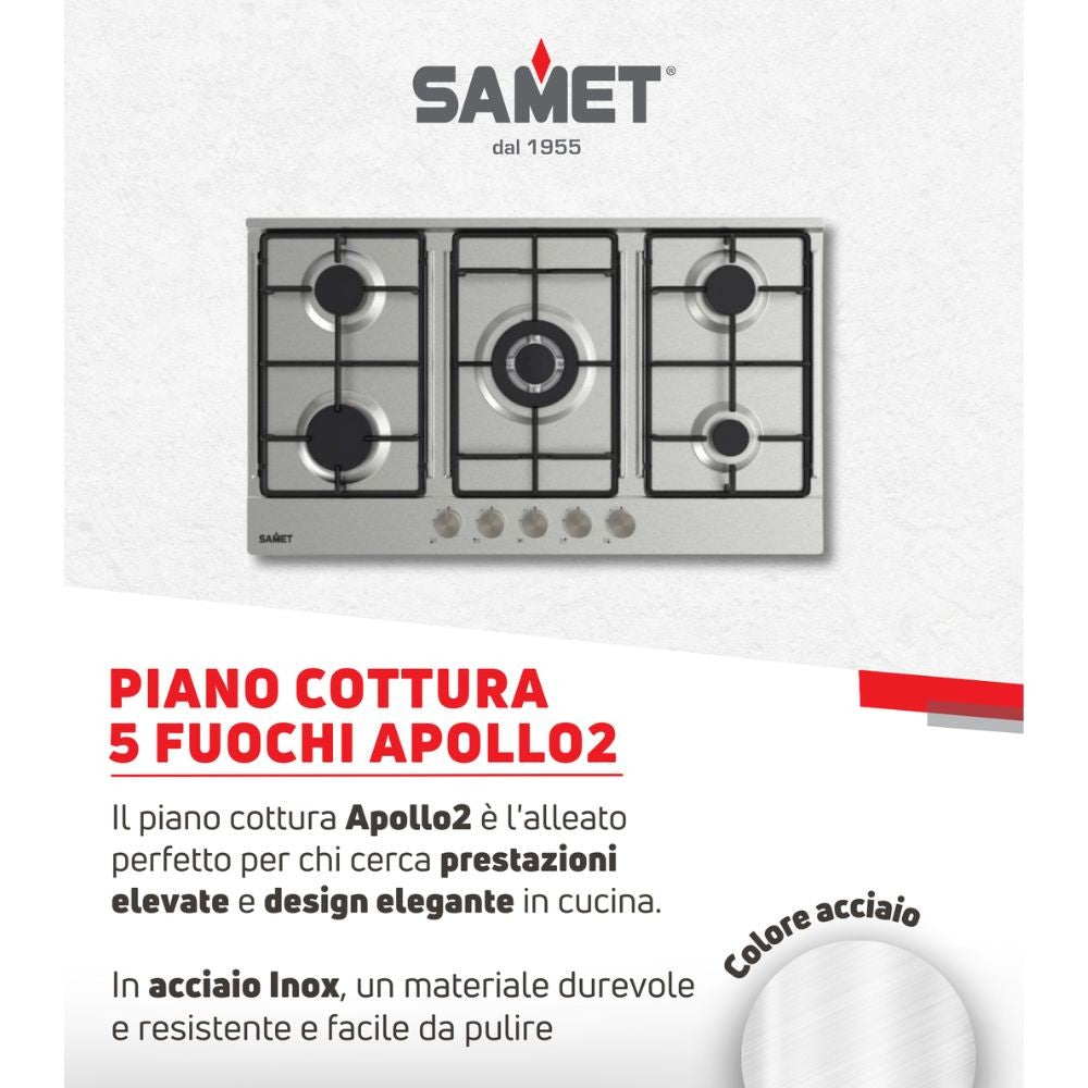 Piano Cottura gas 5 fuochi 90 cm Acciaio inox Samet Apollo2