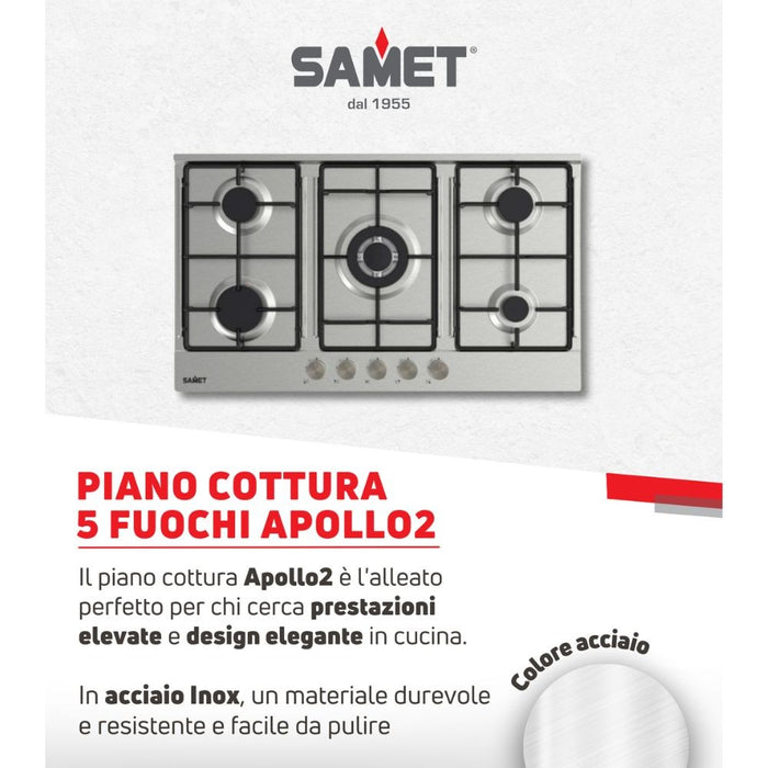 Piano Cottura gas 5 fuochi 90 cm Acciaio inox Samet Apollo2